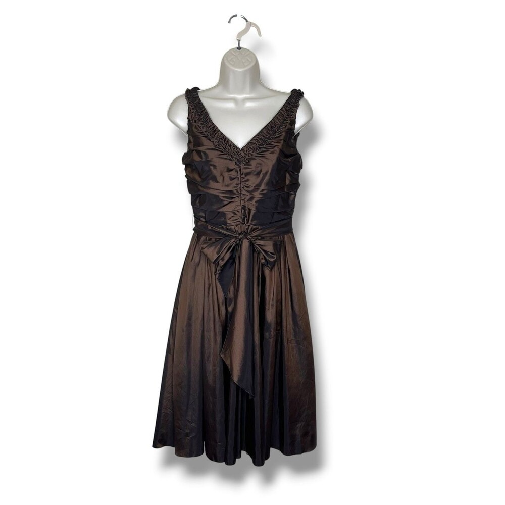 Vintage 90s Liz Claiborne Brown Taffeta Cocktail Dress Ruched Sleeveless Size 6